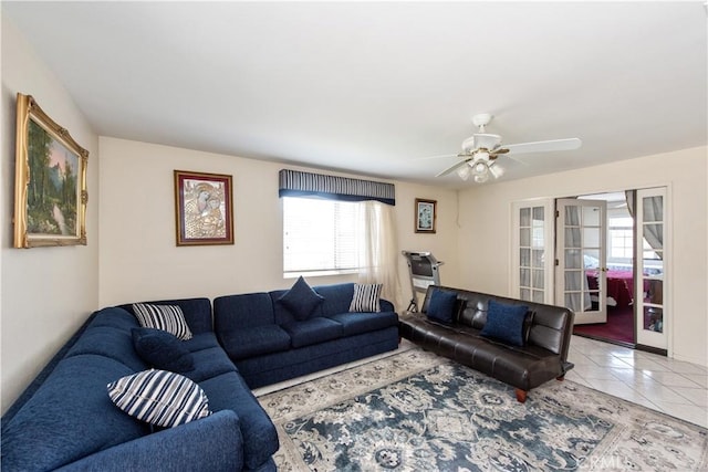 13150 Stern Ave, La Mirada, CA 90638 - living area featuring plenty of natural light, tile patterned floors, ceiling fan, and french doors