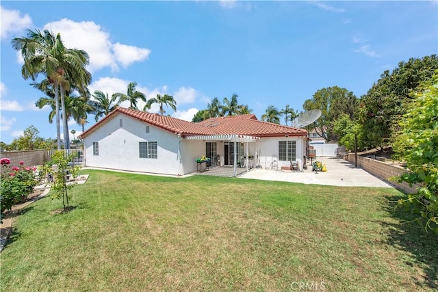 13150 Stern Ave, La Mirada, CA 90638 - rear view of property with stucco siding, a patio, a tiled roof, and a pergola
