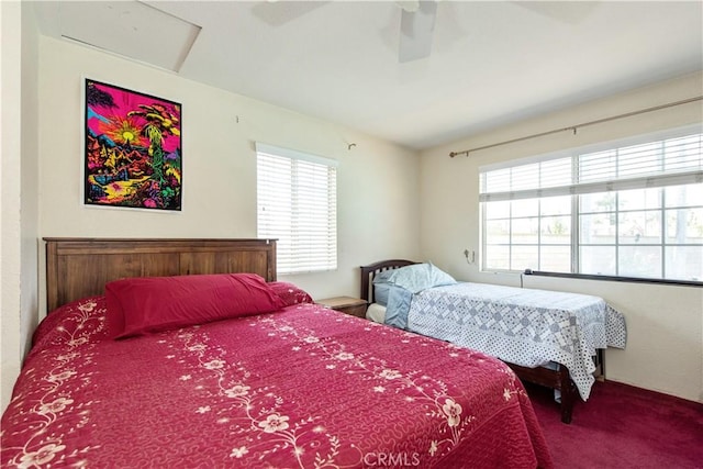 13150 Stern Ave, La Mirada, CA 90638 - carpeted bedroom featuring multiple windows, a ceiling fan, and attic access