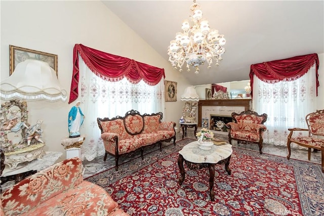 13150 Stern Ave, La Mirada, CA 90638 - living room with lofted ceiling, a chandelier, and a fireplace