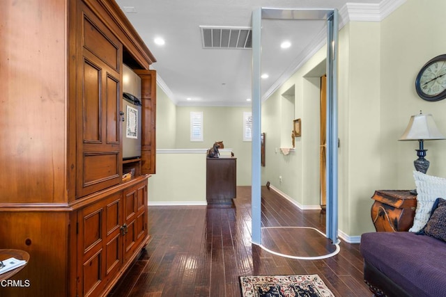4003 Galapagos Way, Oxnard, CA 93035 - hallway with crown molding, dark wood finished floors, baseboards, and recessed lighting