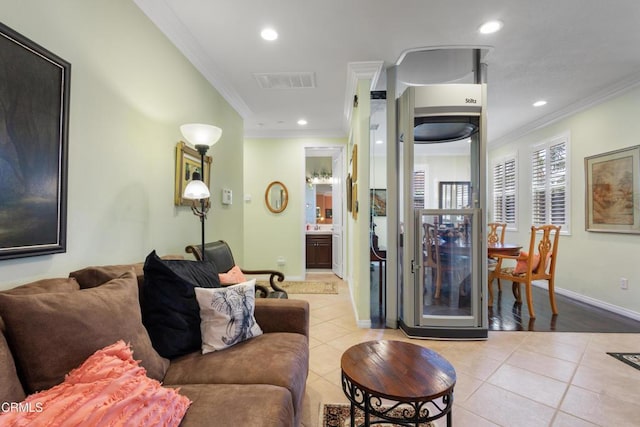 4003 Galapagos Way, Oxnard, CA 93035 - tiled living area featuring ornamental molding, recessed lighting, baseboards, and wine cooler