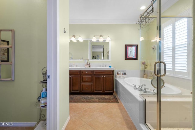 4003 Galapagos Way, Oxnard, CA 93035 - bathroom with a garden tub, ornamental molding, double vanity, tile patterned flooring, and a shower stall