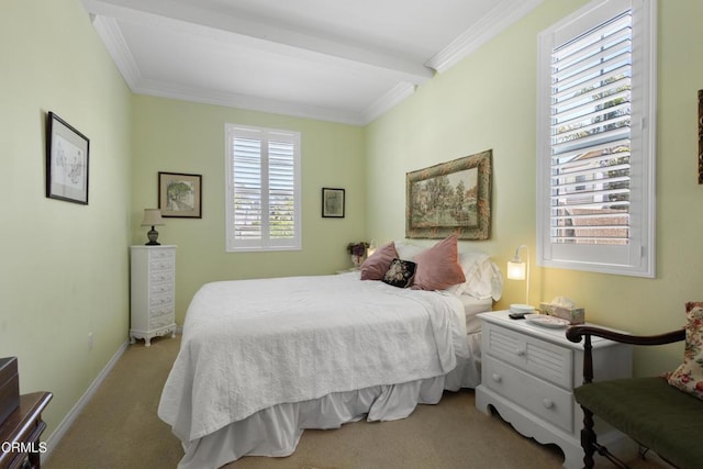 4003 Galapagos Way, Oxnard, CA 93035 - carpeted bedroom with ornamental molding, baseboards, and beam ceiling