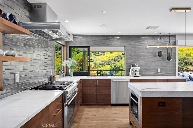 1435 Cerritos Dr, Laguna Beach, CA 92651 - kitchen featuring open shelves, appliances with stainless steel finishes, a sink, modern cabinets, and tasteful backsplash
