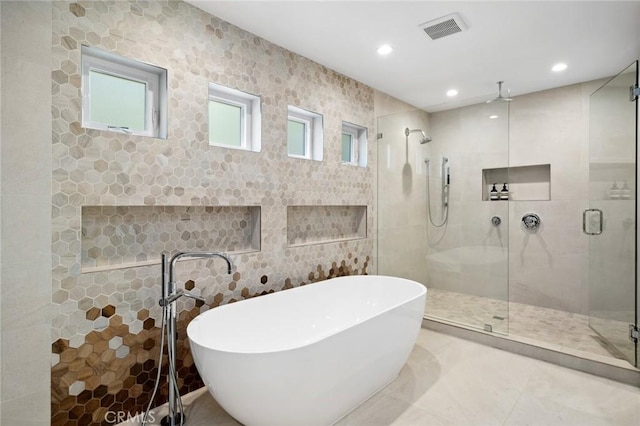 1435 Cerritos Dr, Laguna Beach, CA 92651 - full bath with a stall shower, tile walls, a freestanding tub, and recessed lighting