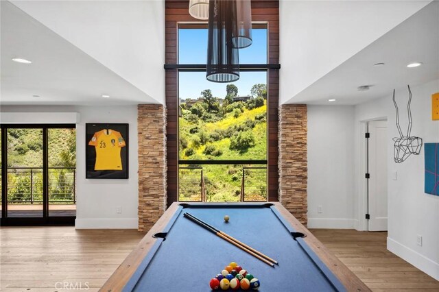 1435 Cerritos Dr, Laguna Beach, CA 92651 - recreation room with billiards, baseboards, wood finished floors, a high ceiling, and recessed lighting