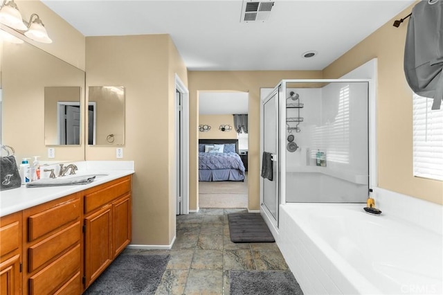 35509 Trevino Trl, Beaumont, CA 92223 - full bath featuring vanity, a shower stall, a bath, and ensuite bathroom