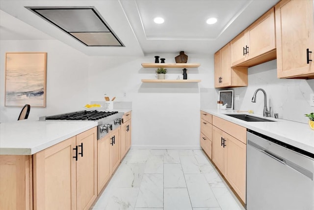 7077 Camino Pacheco, San Diego, CA 92111 - kitchen with appliances with stainless steel finishes, a sink, light brown cabinets, light marble finish flooring, and open shelves