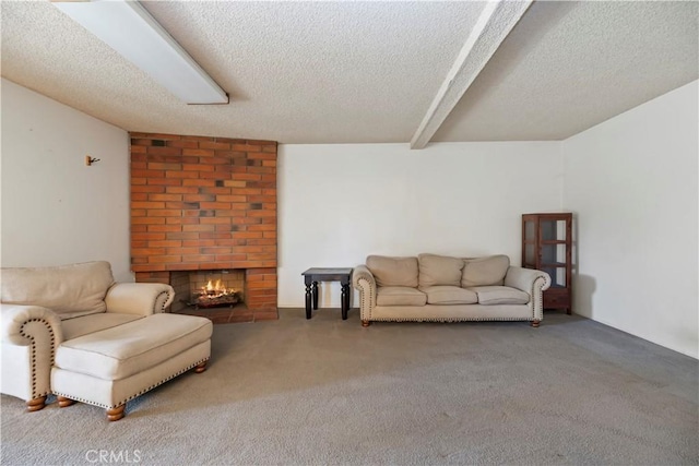 6164 Amberwood Dr, Rancho Cucamonga, CA 91701 - carpeted living area with a textured ceiling, a fireplace, and beamed ceiling