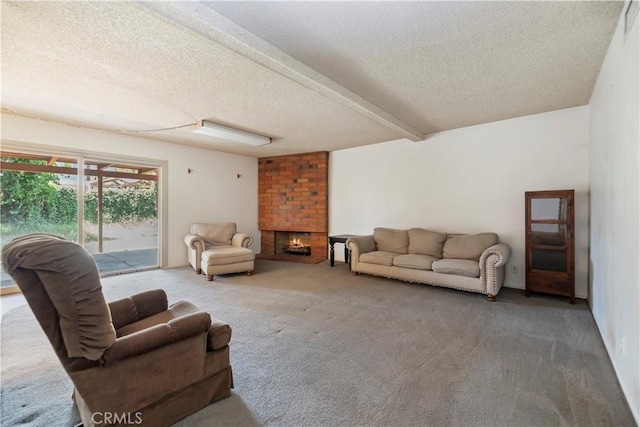 6164 Amberwood Dr, Rancho Cucamonga, CA 91701 - living room featuring a textured ceiling, carpet floors, a brick fireplace, and beamed ceiling