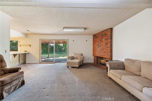6164 Amberwood Dr, Rancho Cucamonga, CA 91701 - living area with a brick fireplace, a textured ceiling, and carpet flooring