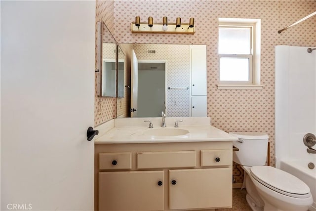 6164 Amberwood Dr, Rancho Cucamonga, CA 91701 - full bath featuring vanity, wallpapered walls, bathing tub / shower combination, and toilet