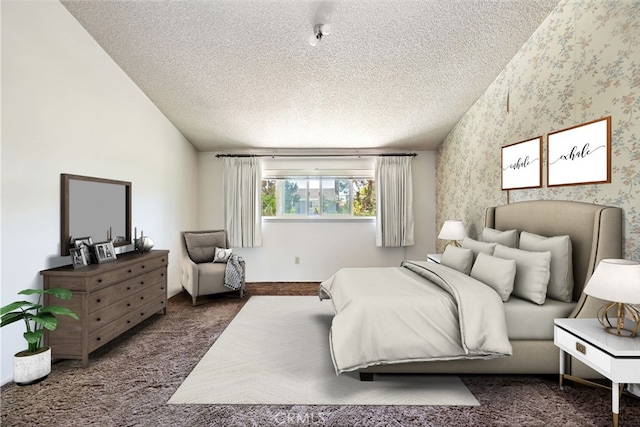 6164 Amberwood Dr, Rancho Cucamonga, CA 91701 - bedroom with vaulted ceiling, carpet floors, a textured ceiling, and wallpapered walls