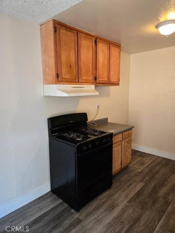 14805 Chase St Unit 107, Panorama City, CA 91402 - kitchen featuring black gas range oven, under cabinet range hood, baseboards, and dark wood-style floors
