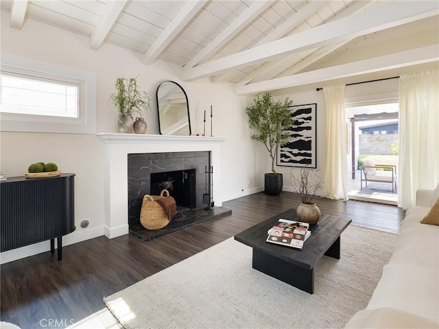 5512 W 117th St, Hawthorne, CA 90304 - living room featuring wood finished floors, a tiled fireplace, wood ceiling, and baseboards