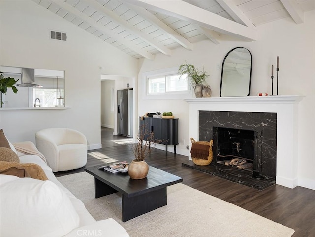5512 W 117th St, Hawthorne, CA 90304 - living room featuring wood finished floors, a fireplace, a wooden ceiling with exposed beams, and high vaulted ceiling