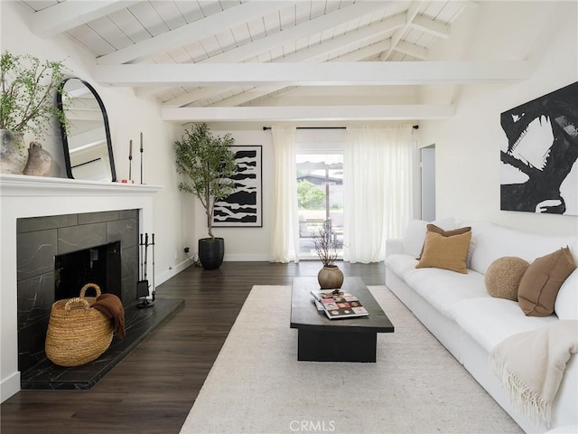 5512 W 117th St, Hawthorne, CA 90304 - living room with dark wood-style flooring, a fireplace, wood ceiling, and baseboards