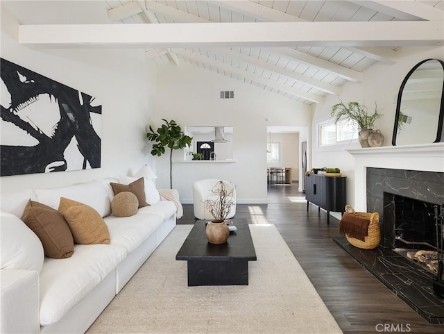 5512 W 117th St, Hawthorne, CA 90304 - living room featuring wood finished floors, beamed ceiling, high vaulted ceiling, and a premium fireplace
