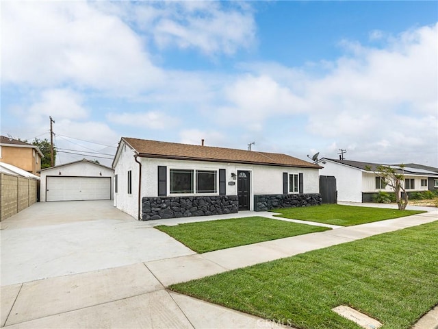 5512 W 117th St, Hawthorne, CA 90304 - ranch-style home featuring stone siding, a front yard, stucco siding, and an outdoor structure