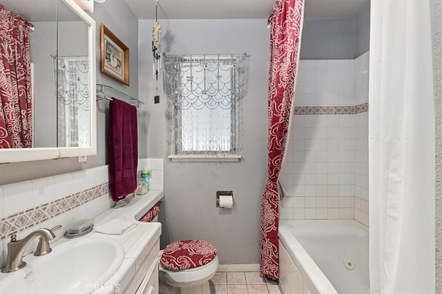 6096 Crawford St, San Diego, CA 92120 - bathroom featuring toilet, tile patterned floors, shower / bathtub combination with curtain, and vanity