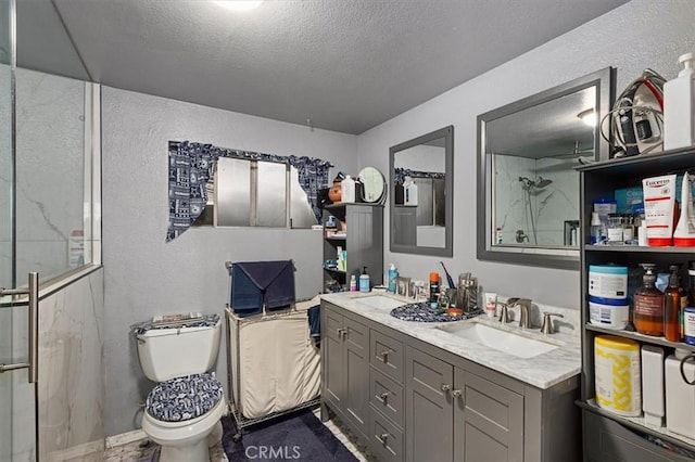 6096 Crawford St, San Diego, CA 92120 - full bath with double vanity, a shower with door, toilet, a textured ceiling, and a textured wall