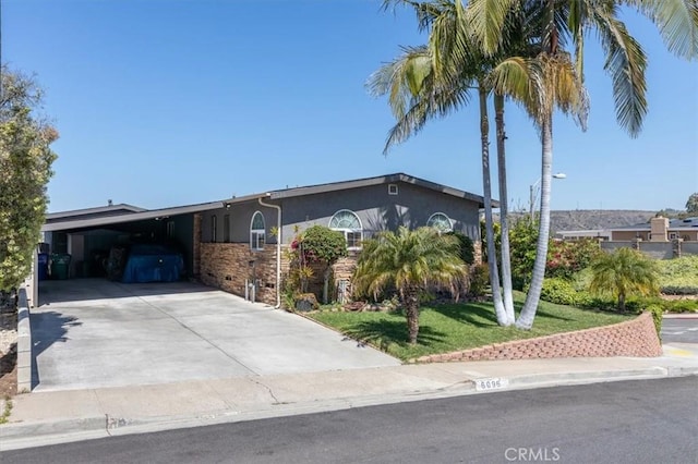 6096 Crawford St, San Diego, CA 92120 - single story home featuring driveway, stucco siding, an attached carport, and a front yard