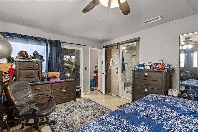 6096 Crawford St, San Diego, CA 92120 - bedroom featuring a barn door, multiple windows, a desk, and light tile patterned floors