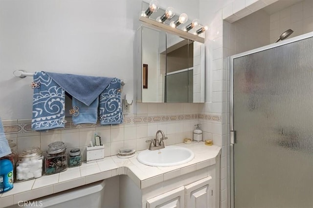 6096 Crawford St, San Diego, CA 92120 - full bathroom with tasteful backsplash, a shower stall, and vanity