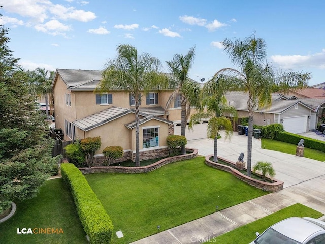 11703 Revolution Rd, Bakersfield, CA 93312 - view of front facade with driveway, stucco siding, a garage, stone siding, and a front lawn