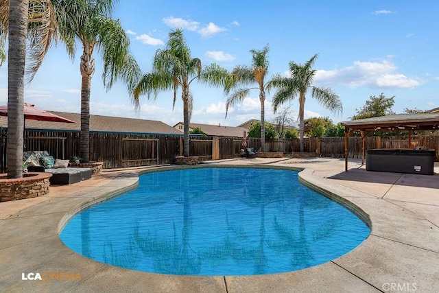 11703 Revolution Rd, Bakersfield, CA 93312 - view of swimming pool featuring a hot tub, a patio area, and a fenced backyard