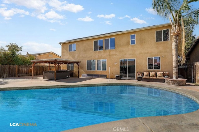 11703 Revolution Rd, Bakersfield, CA 93312 - view of swimming pool with a hot tub, a patio, a gazebo, a fenced backyard, and outdoor lounge area