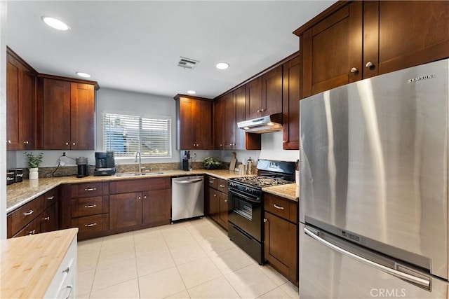 114 N Orange Ave, Fullerton, CA 92833 - kitchen with appliances with stainless steel finishes, a sink, under cabinet range hood, light stone counters, and recessed lighting