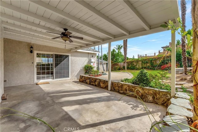 786 S Spanish Oak Ln, La Puente, CA 91746 - fenced backyard with ceiling fan and a patio