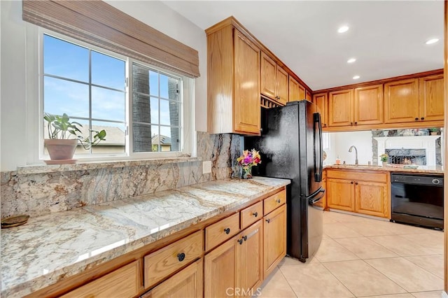 786 S Spanish Oak Ln, La Puente, CA 91746 - kitchen featuring backsplash, black appliances, light tile patterned floors, a sink, and recessed lighting