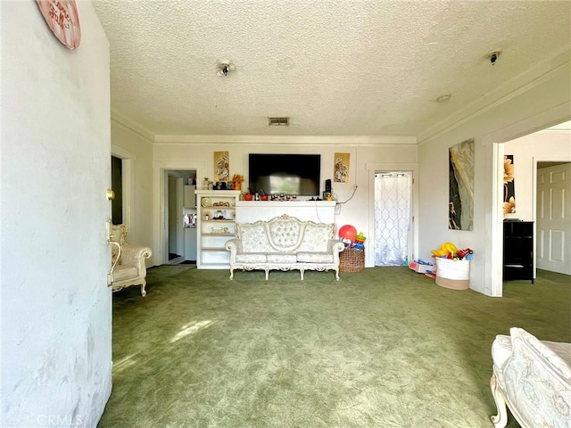 611615 E Acacia Ave, Glendale, CA 91205 - living area with ornamental molding, carpet flooring, and a textured ceiling