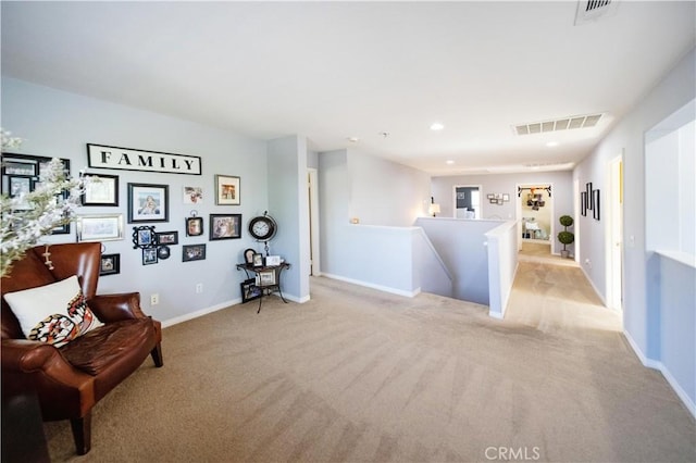 31786 Sorrel Run Ct, Menifee, CA 92584 - sitting room featuring an upstairs landing, light colored carpet, baseboards, and recessed lighting