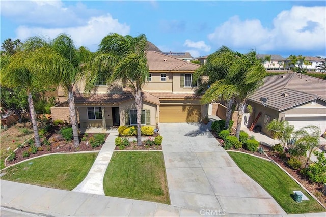 31786 Sorrel Run Ct, Menifee, CA 92584 - view of front facade with concrete driveway, a garage, stucco siding, a tiled roof, and a front yard