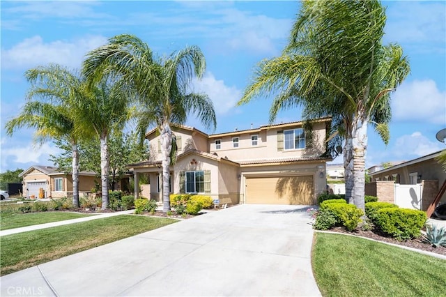 31786 Sorrel Run Ct, Menifee, CA 92584 - mediterranean / spanish-style house with stucco siding, a garage, driveway, and a front lawn