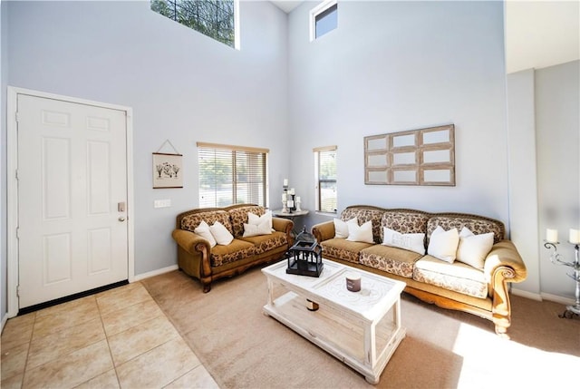 31786 Sorrel Run Ct, Menifee, CA 92584 - tiled living area featuring a high ceiling and baseboards