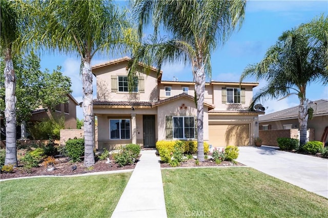 31786 Sorrel Run Ct, Menifee, CA 92584 - mediterranean / spanish house featuring stucco siding, an attached garage, driveway, and a tiled roof