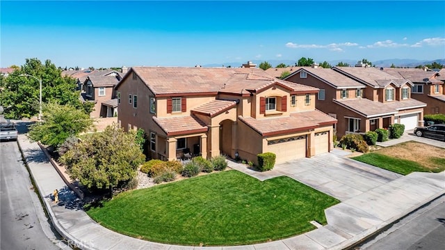 44224 Raven Ln, Lancaster, CA 93536 - view of front of property with a residential view, a tiled roof, stucco siding, and driveway