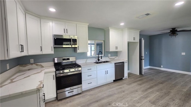 2045 S Cypress Ave, Ontario, CA 91762 - kitchen with stainless steel appliances, a sink, ceiling fan, white cabinetry, and recessed lighting