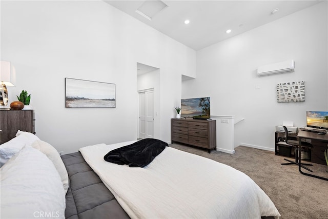 466 Besalu, Mission Viejo, CA 92692 - carpeted bedroom featuring a wall unit AC, a towering ceiling, attic access, recessed lighting, and baseboards