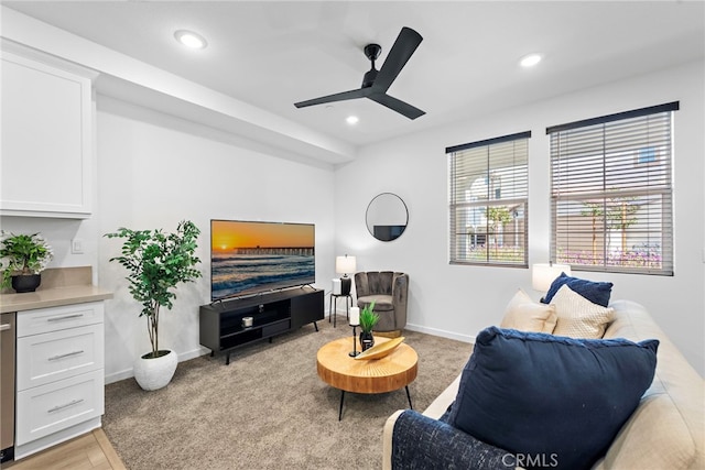 466 Besalu, Mission Viejo, CA 92692 - living area featuring a ceiling fan, recessed lighting, baseboards, and light carpet