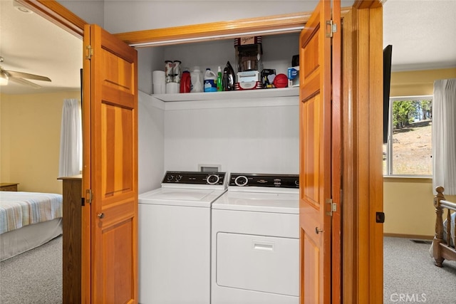 120 Top Of The W Dr, Chester, CA 96020 - laundry area featuring washing machine and dryer, carpet, and ceiling fan