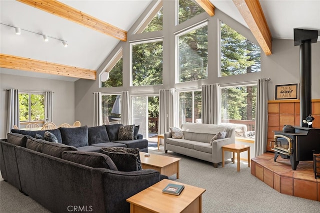 120 Top Of The W Dr, Chester, CA 96020 - living area with a wood stove, high vaulted ceiling, carpet flooring, rail lighting, and beam ceiling