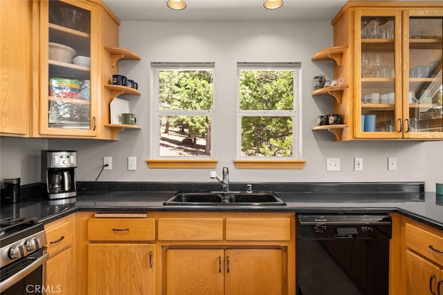120 Top Of The W Dr, Chester, CA 96020 - kitchen featuring dishwasher, open shelves, a sink, stainless steel range with gas stovetop, and glass insert cabinets