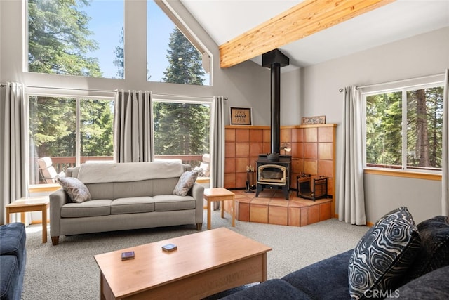 120 Top Of The W Dr, Chester, CA 96020 - living area featuring a wood stove, carpet floors, and beam ceiling