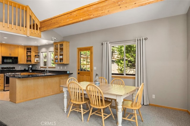 120 Top Of The W Dr, Chester, CA 96020 - dining area featuring plenty of natural light, beam ceiling, recessed lighting, baseboards, and light carpet